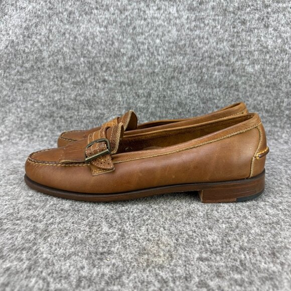 ✅Womens 10N Lands End Brown Leather Moc toe Loafers Fringe Buckle Casual Shoes - Picture 9 of 10